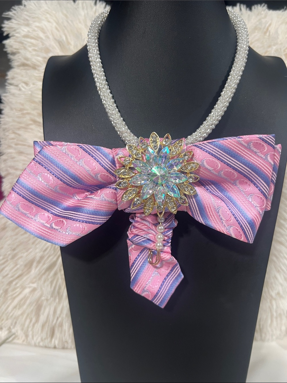 Pearl Rope Necklace with Pink Striped Bow and Crystal Flower Pendant